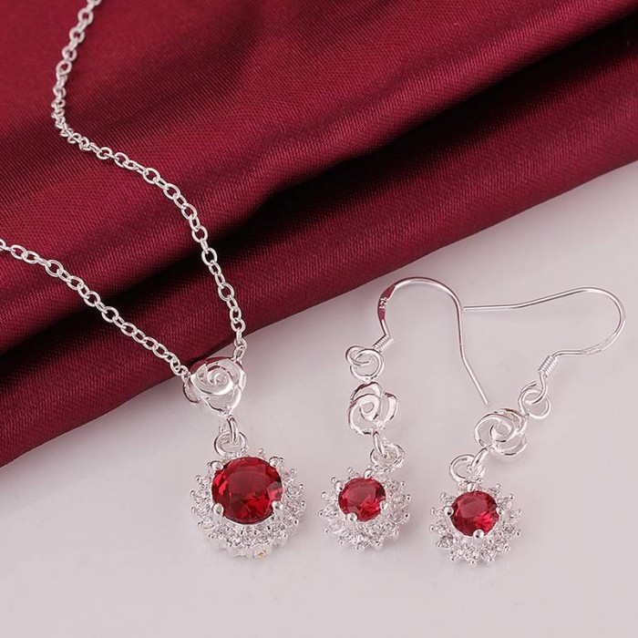 SS694 Silver Red Crystal Sun Earrings Necklace Jewelry Sets