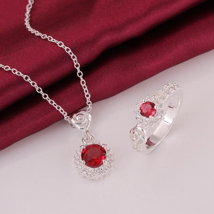 SS695 Silver Red Crystal Sun Rings Necklace Jewelry Sets