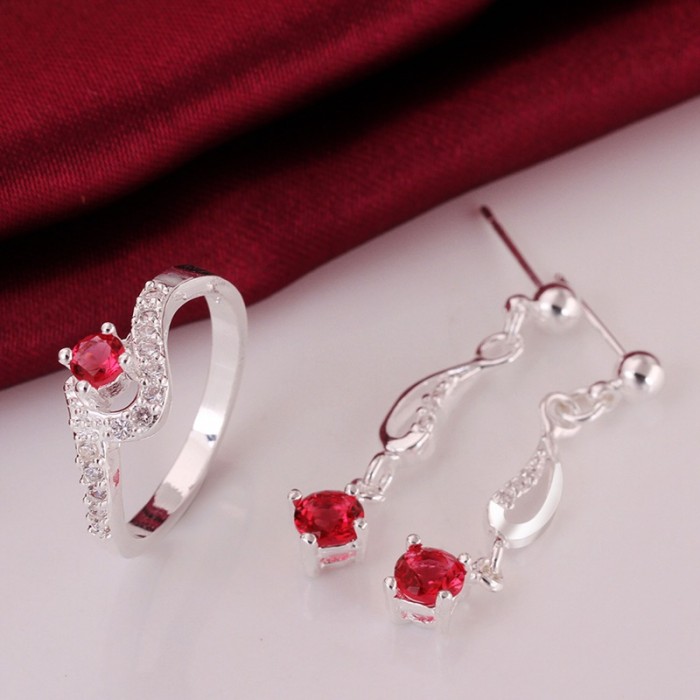 SS720-A Silver Red Crystal Geometry Earrings Rings Jewelry Sets