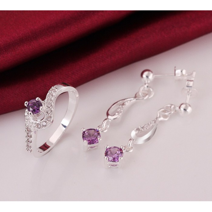 SS720-B Silver Purple Crystal Geometry Earrings Rings Jewelry Sets