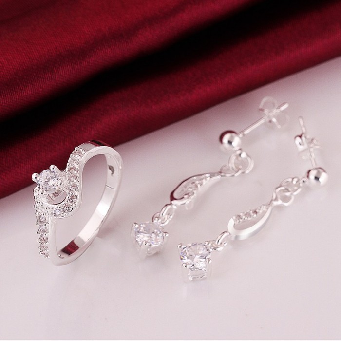 SS720-C Silver Crystal Geometry Earrings Rings Jewelry Sets