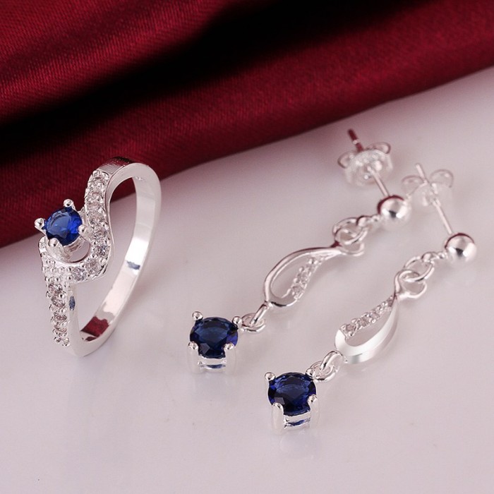 SS720-D Silver Blue Crystal Geometry Earrings Rings Jewelry Sets