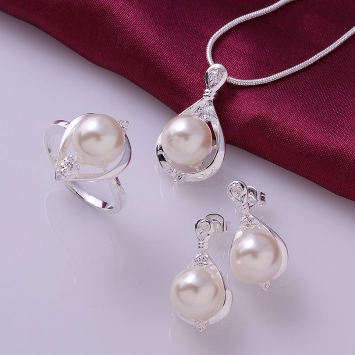 SS733 Silver Crystal Waterdrop Earrings Rings Necklace Pearl Jewelry Sets