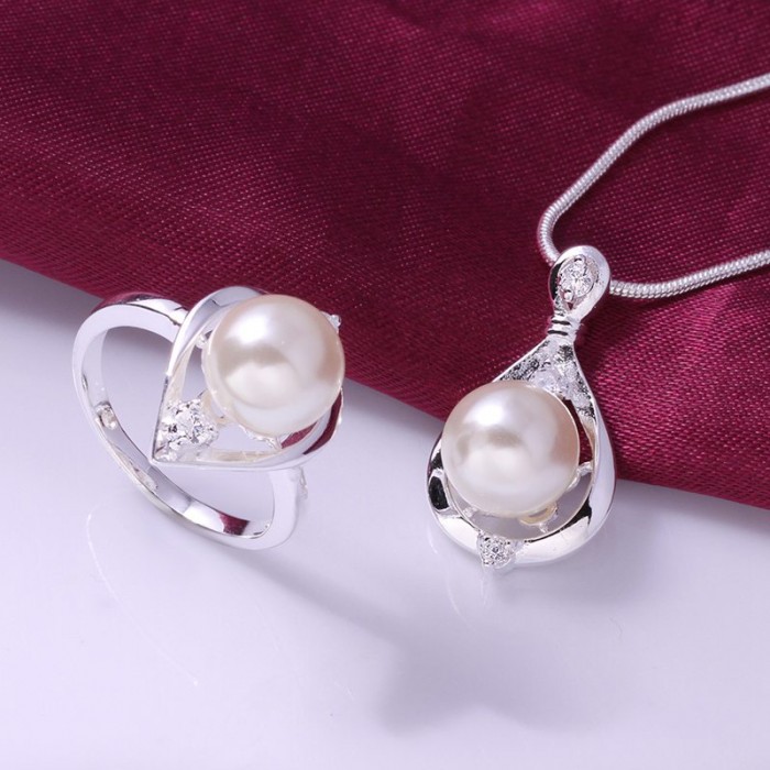 SS734 Silver Crystal Waterdrop Rings Necklace Pearl Jewelry Sets