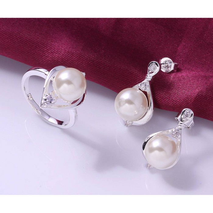 SS736 Silver Crystal Waterdrop Earrings Rings Pearl Jewelry Sets