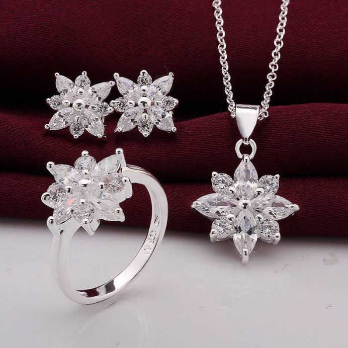 SS747 Silver Crystal Snowflake Earrings Rings Necklace Jewelry Sets