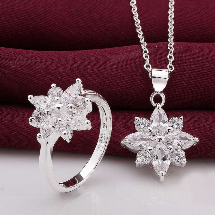SS748 Silver Crystal Snowflake Rings Necklace Jewelry Sets