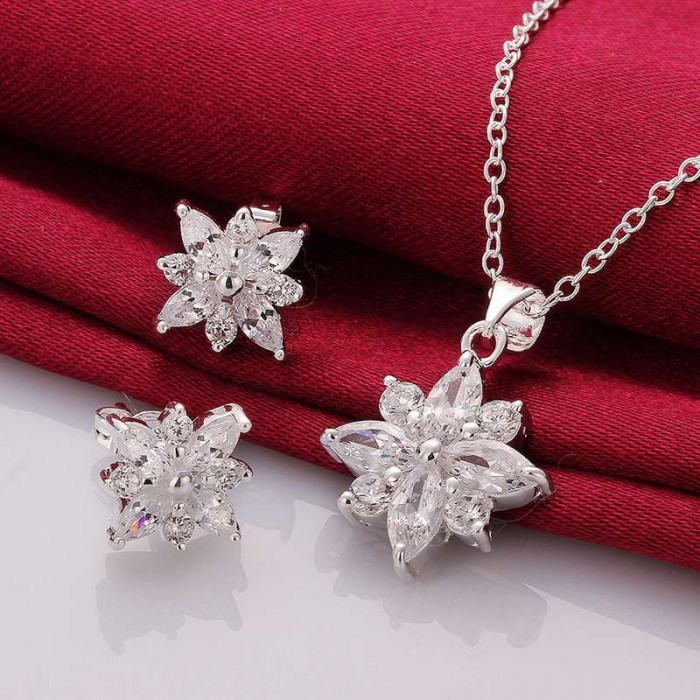 SS749 Silver Crystal Snowflake Earrings Necklace Jewelry Sets