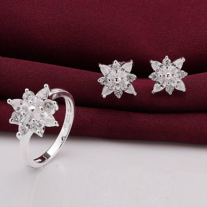 SS750 Silver Crystal Snowflake Earrings Rings Jewelry Sets