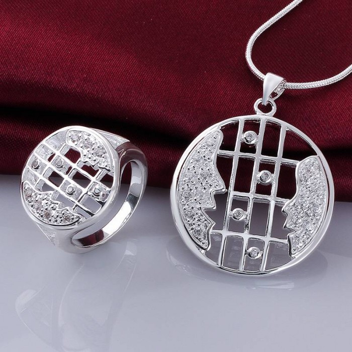 SS769 Silver Crystal Face Rings Necklace Jewelry Sets