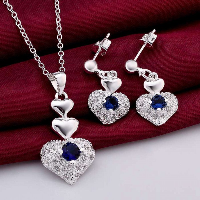 SS772 Silver Blue Crystal Heart Earrings Necklace Jewelry Sets