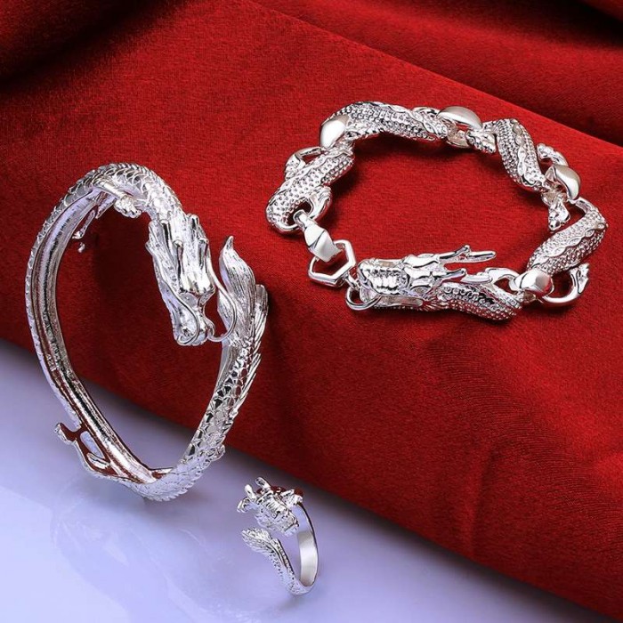 SS775-A Silver Dragonfly 2 Bangle Bracelet Rings Men Jewelry Sets