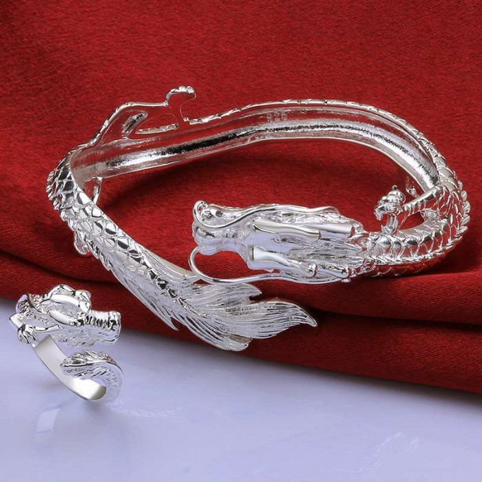 SS775-B Silver Dragonfly Bangle Bracelet Rings Men Jewelry Sets