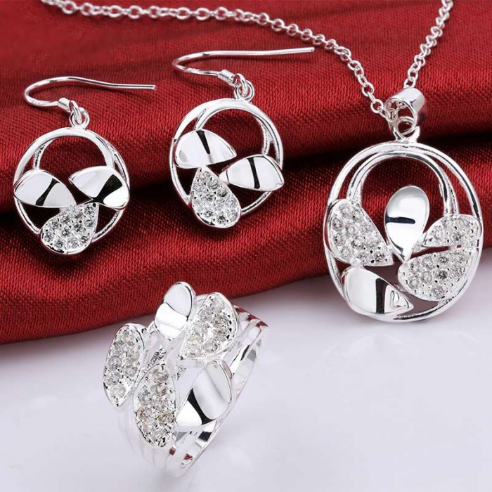 SS787 Silver Crystal Bright Earrings Rings Necklace Jewelry Sets