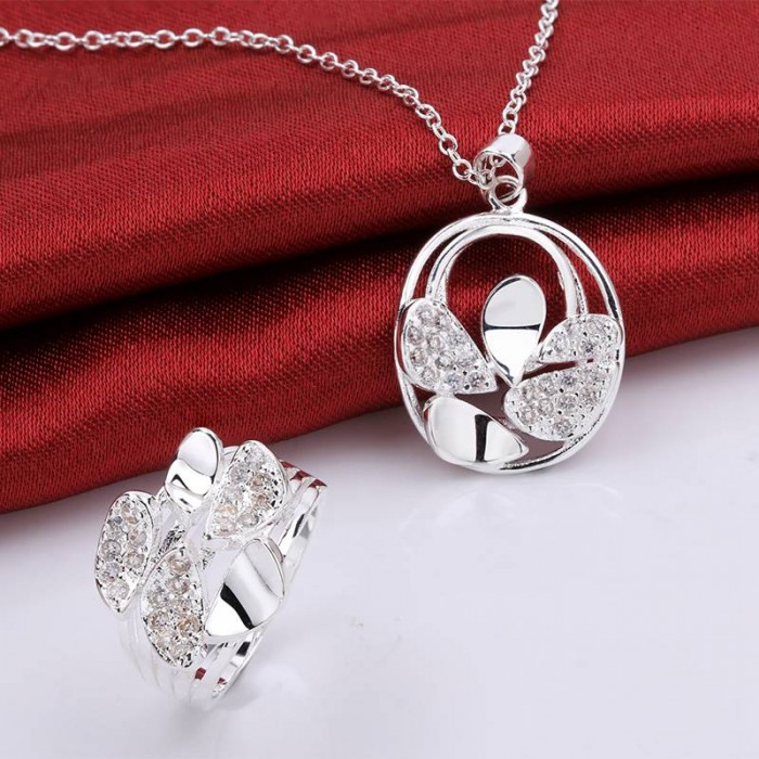 SS788 Silver Crystal Bright Rings Necklace Jewelry Sets
