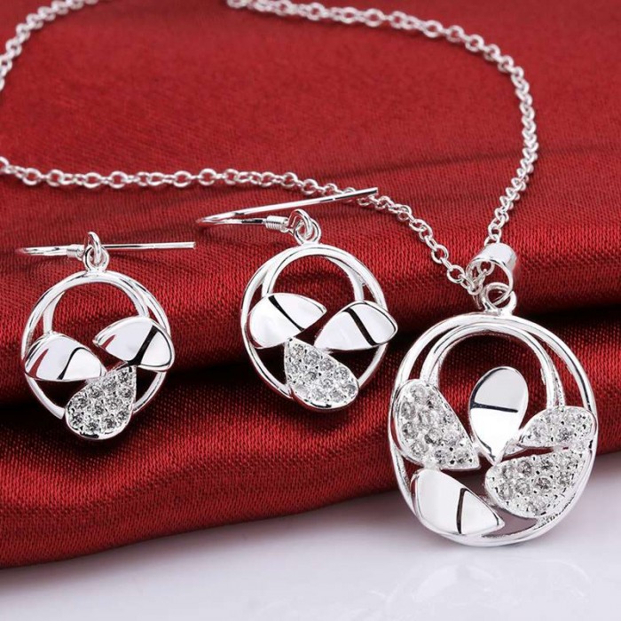 SS789 Silver Crystal Bright Earrings Necklace Jewelry Sets