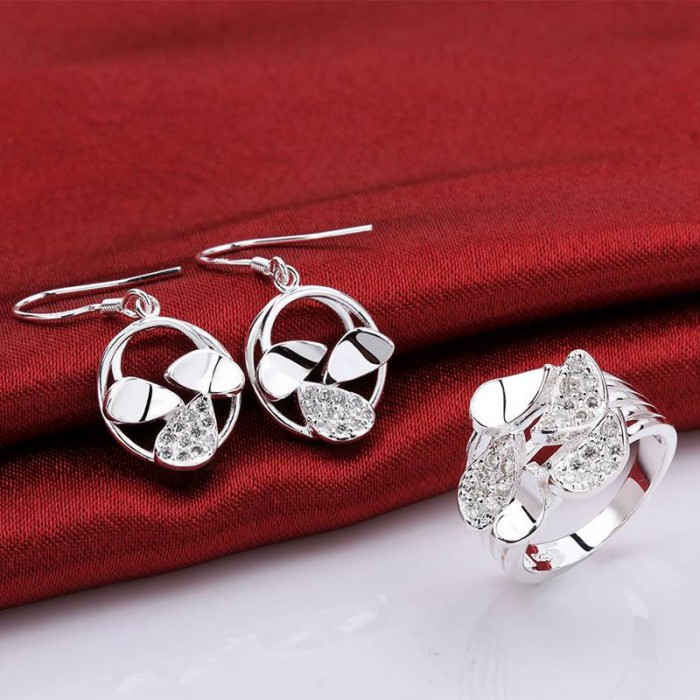 SS790 Silver Crystal Bright Earrings Rings Jewelry Sets