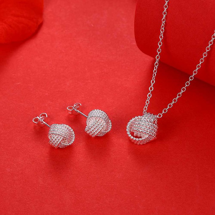 SS812 Silver Mesh Ball Earrings Necklace Jewelry Sets
