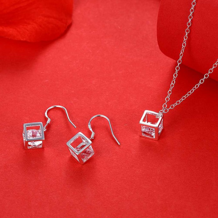 SS813 Silver Crystal Square Earrings Necklace Jewelry Sets