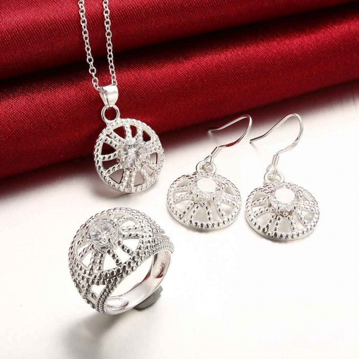 SS814 Silver Crystal Flower Earrings Rings Necklace Jewelry Sets