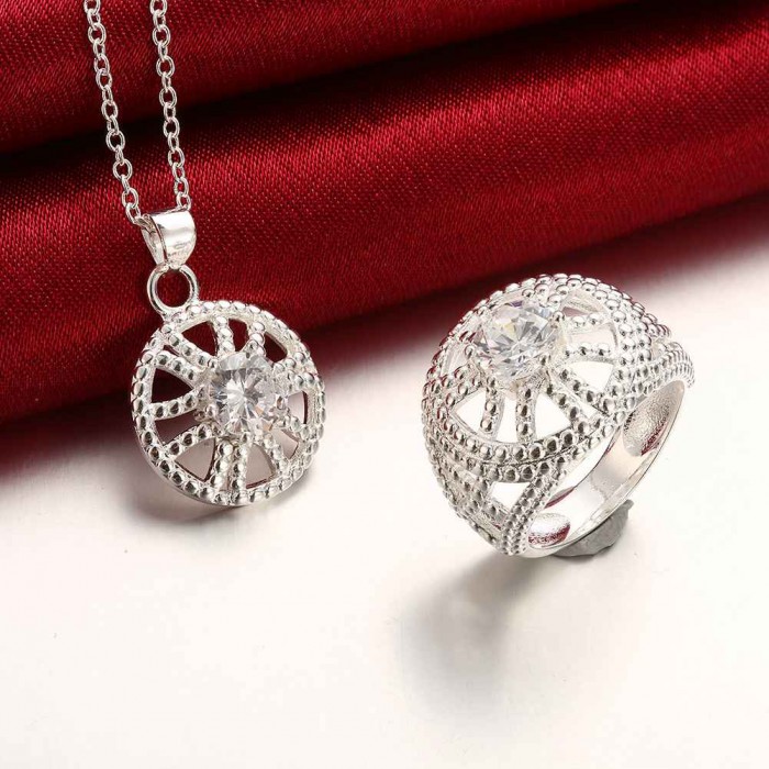 SS816 Silver Crystal Flower Rings Necklace Jewelry Sets