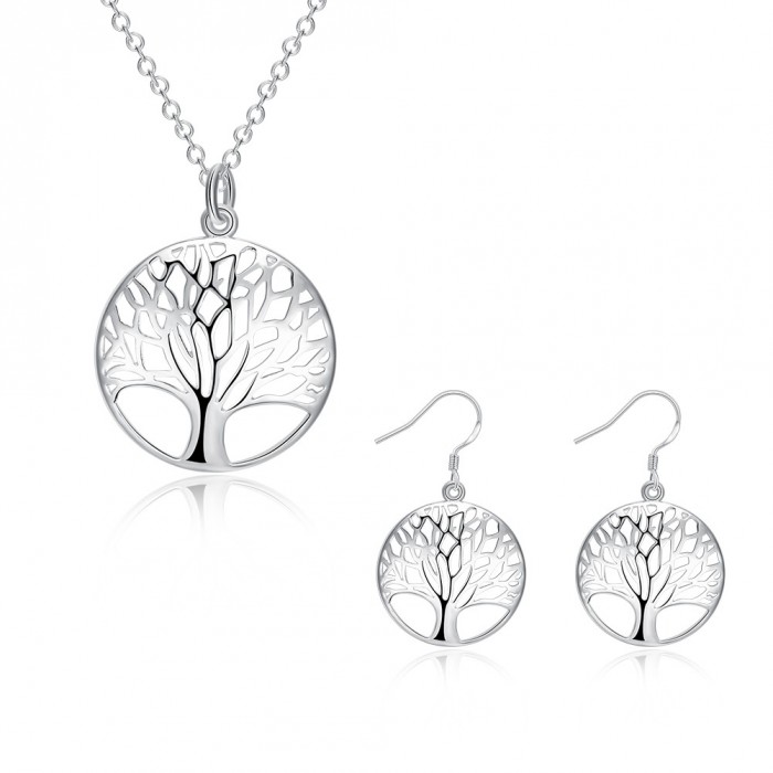 SS828 Silver Tree Earrings Necklace Jewelry Sets