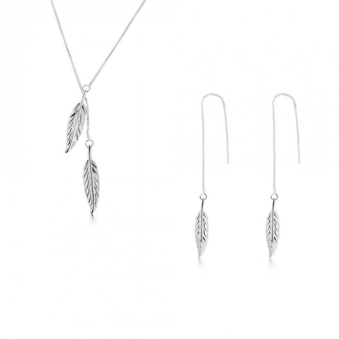 SS935 Silver Leaf Earrings Necklace Jewelry Sets