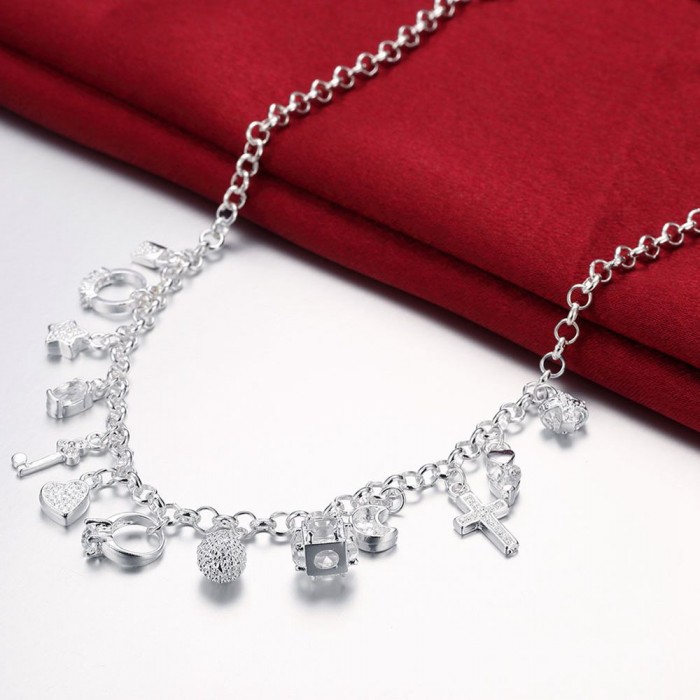 SN021 Hot Silver Jewelry Crystal 13Charms Necklace For Women