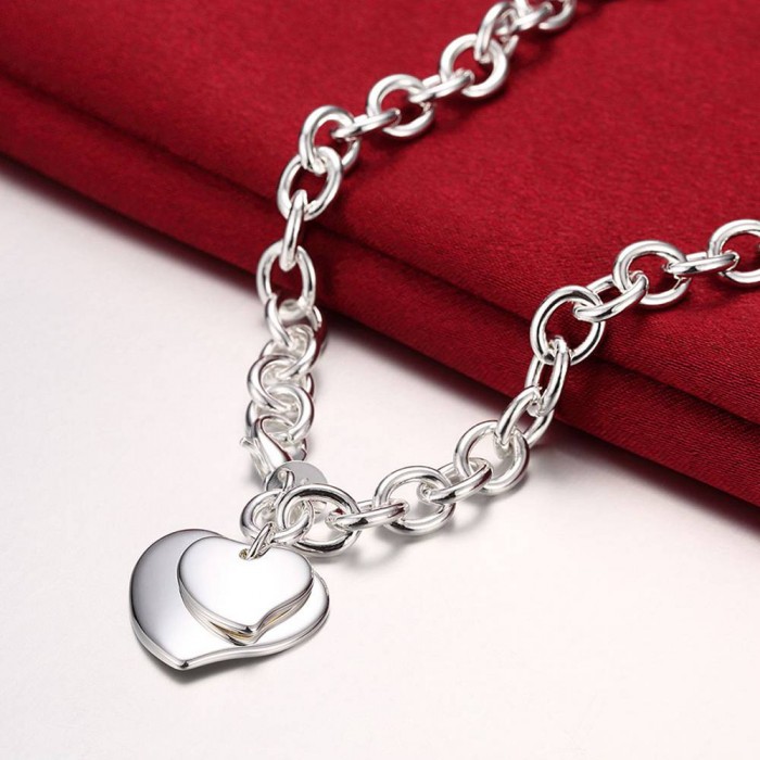 SN252 Fashion Silver Women Jewelry 2Heart Chain Charms Necklace