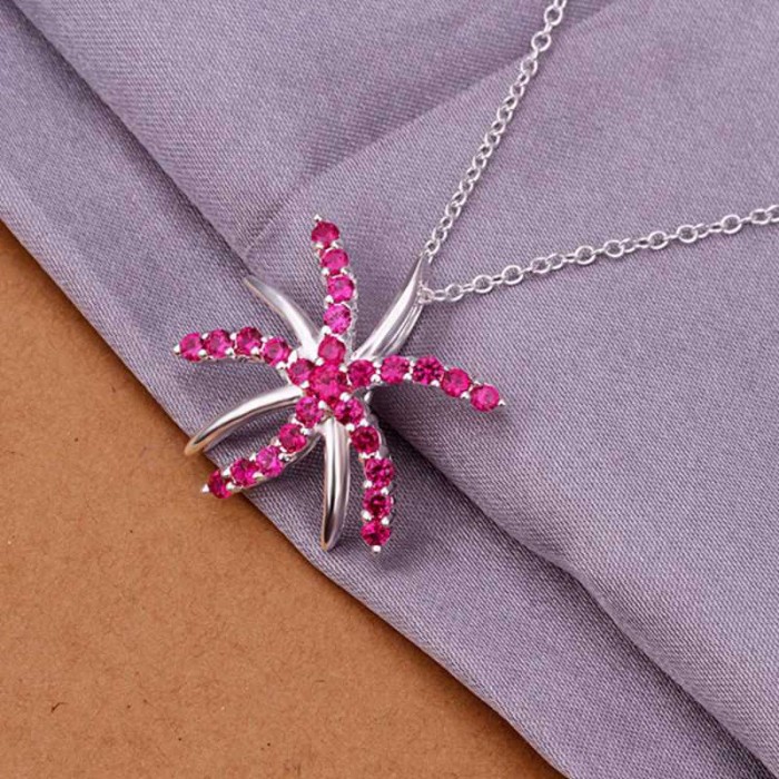SN334 Silver Jewelry Purple Crystal Starfish Pendants Necklace