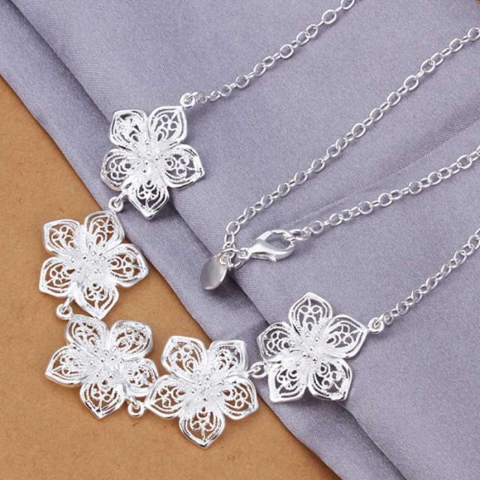 SN336 Fashion Silver Jewelry 5 Flowers Chain Necklace For Women