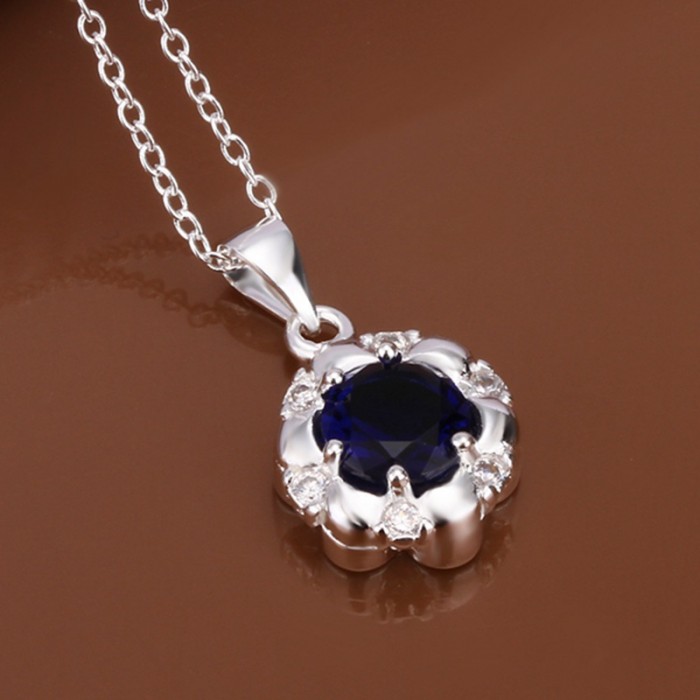 SN469 Silver Jewelry Blue Crystal Snowflake Pendants Necklace