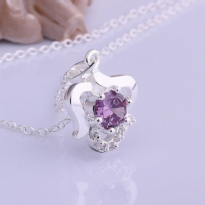 SN517 Hot Silver Jewelry Purple Crystal Heart Pendants Necklace