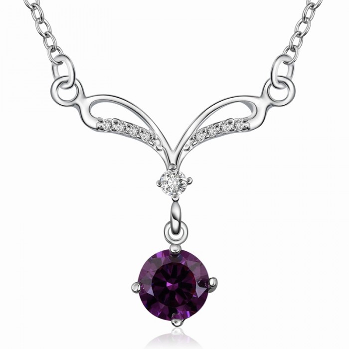 SN529 Silver Jewelry Purple Crystal Beauty Pendants Necklace