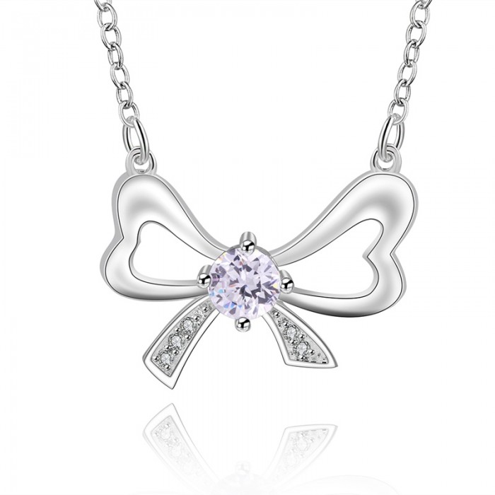 SN600 Fashion Silver Jewelry Crystal Bowknot Pendants Necklace