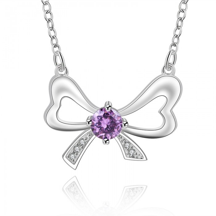 SN601 Silver Jewelry Purple Crystal Bowknot Pendants Necklace