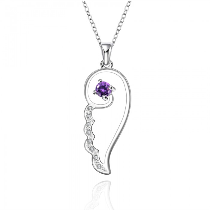 SN635 Silver Jewelry Purple Crystal Angel Wing Pendant Necklace