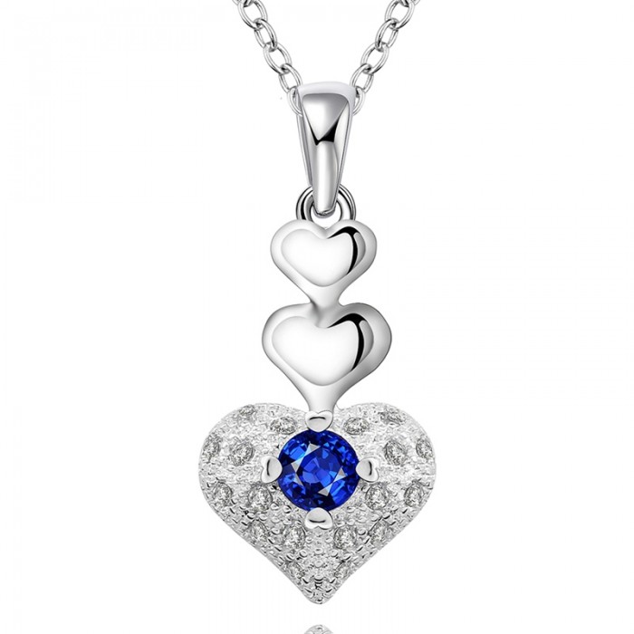 SN640 Hot Silver Jewelry Blue Crystal Heart Pendants Necklace
