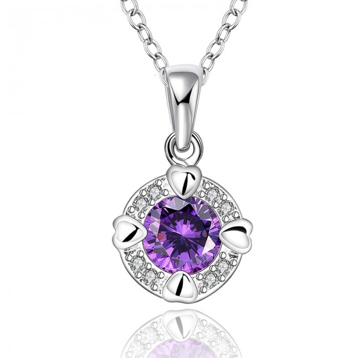 SN665-B Hot Silver Jewelry Purple Crystal Round Pendants Necklace