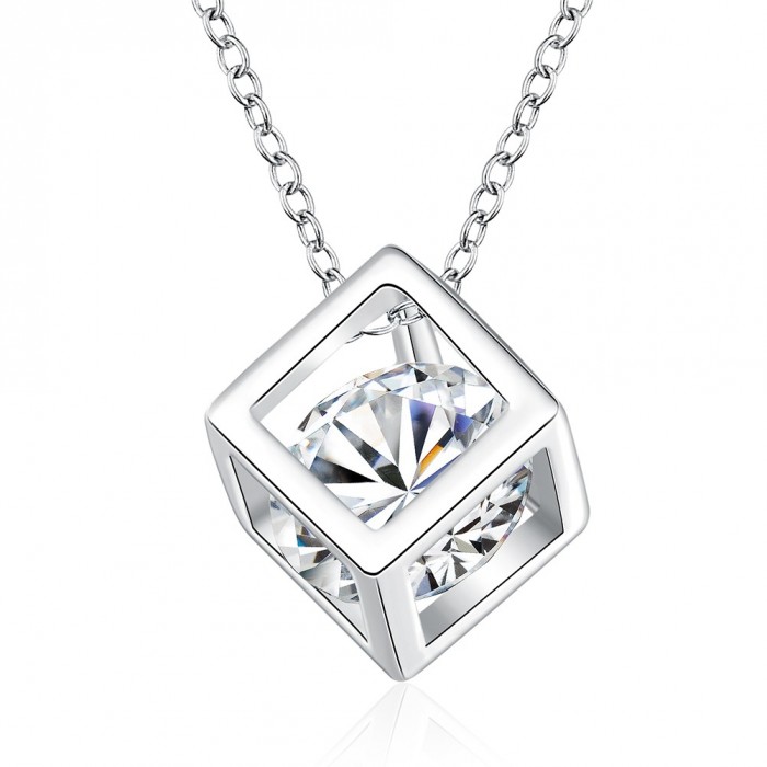 SN750 Fashion Silver Jewelry Crystal Square Pendants Necklace