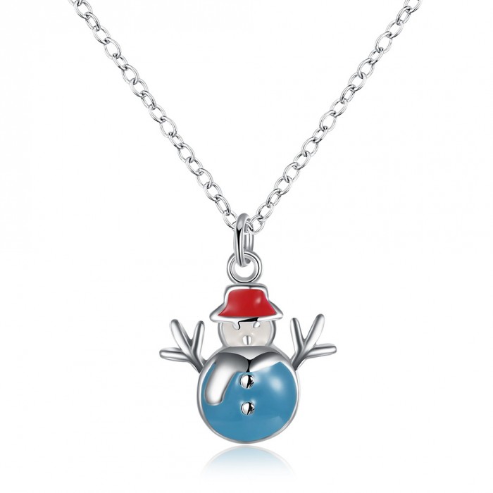 SN915-B Silver Jewelry Christmas Blue Snowman Pendants Necklace