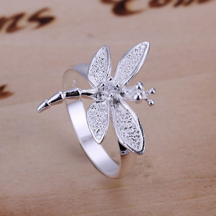 SR017 Fashion Silver Jewelry Crystal Dragonfly Rings For Women