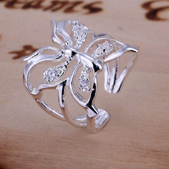 SR035 Fashion Silver Jewelry Crystal Butterfly Rings For Women
