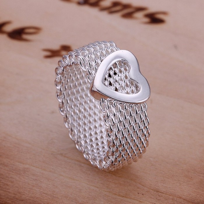 SR043 Fashion Silver Jewelry Mesh Heart Rings For Women