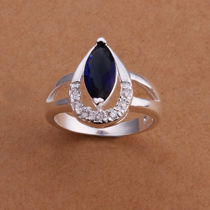 SR192 Fashion Silver Jewelry Blue Crystal Waterdrop Rings For Women
