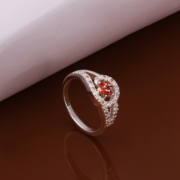 SR281 Fashion Silver Jewelry Red Crystal Flower Rings For Women