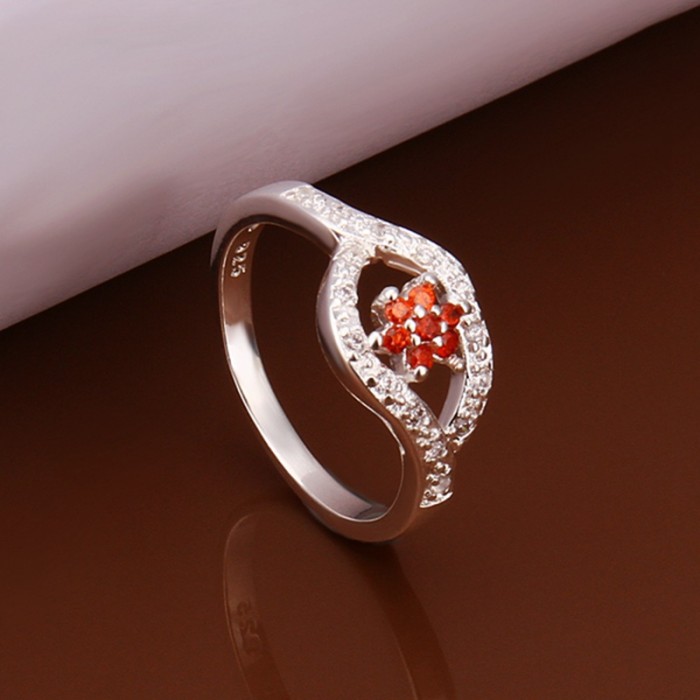 SR282 Fashion Silver Jewelry Red Crystal Flower Rings For Women