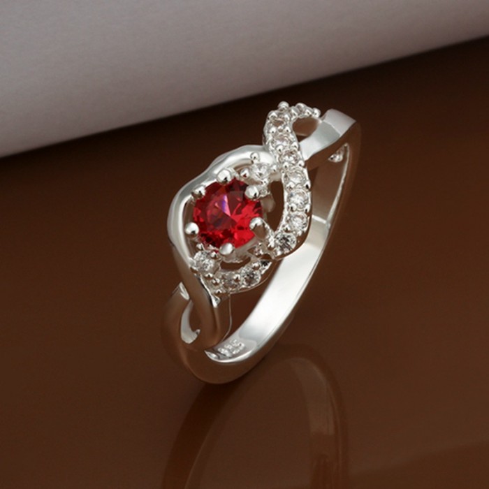 SR324 Fashion Silver Jewelry Red Crystal Flower Rings For Women