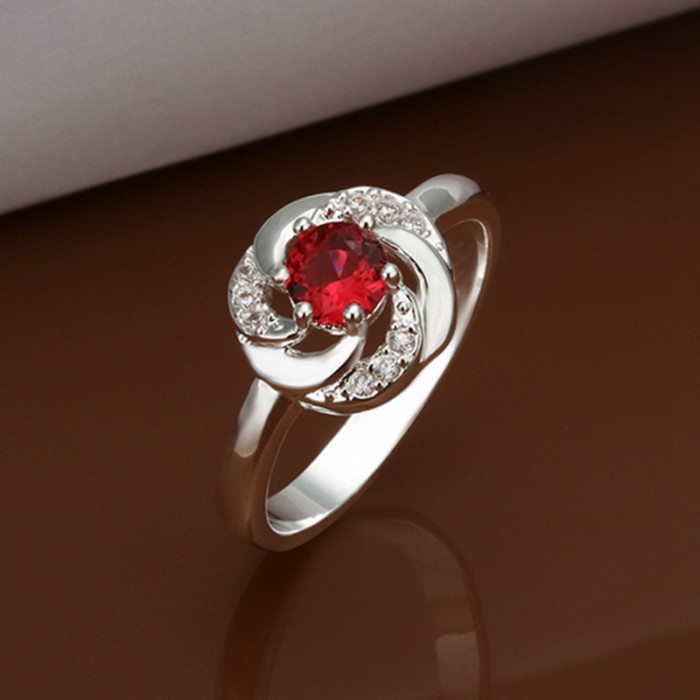 SR335 Fashion Silver Jewelry Red Crystal Flower Rings For Women