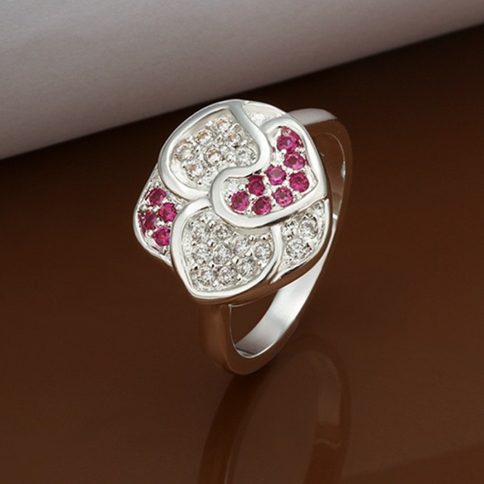 SR353 Fashion Silver Jewelry Red Crystal Flower Rings For Women